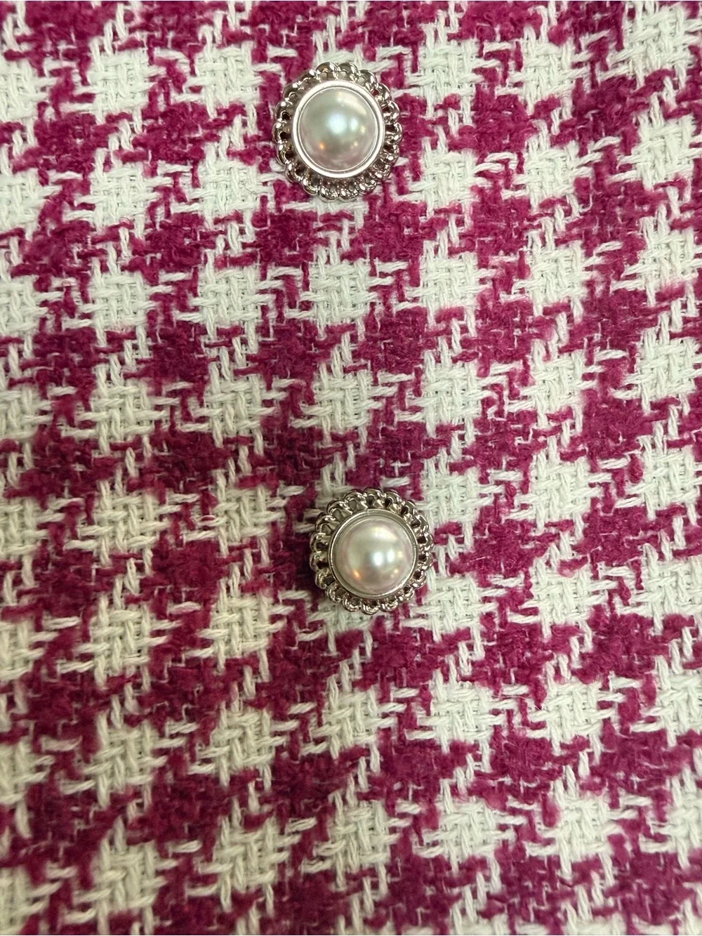 Women's Pink White Houndstooth Tweed Skort Pearl Button High Waist Mini Chic L